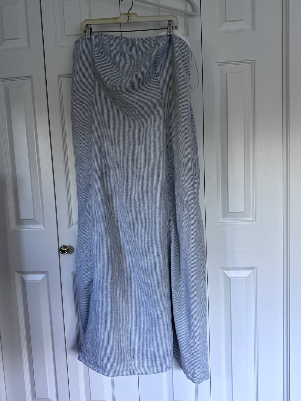 Quince Light Blue Stripe Linen Strapless Maxi Dress